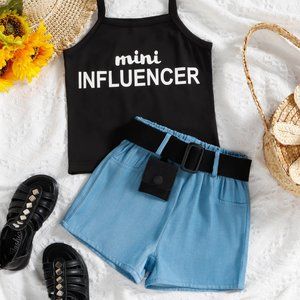 Kids Letter Graphic Cami and Belted Shorts Set